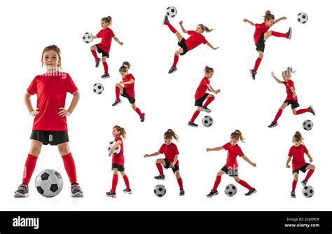 Collage Portraits Of Little Girl Football Player In Red Uniform