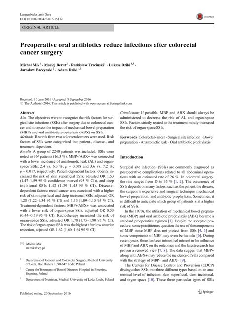 Pdf Preoperative Oral Antibiotics Reduce Infections After Colorectal