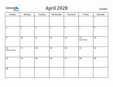 April 2028 Monthly Calendar With Canada Holidays