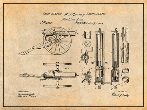 1865 Gatling Machine Gun Antique Paper Patent Print Drawing By Greg