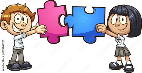 Cartoon Students In Uniform Holding Jigsaw Puzzle Pieces Vector Clip