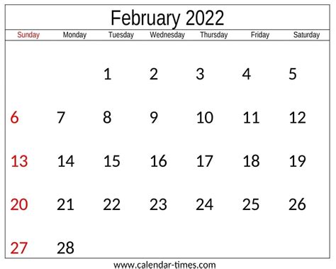 February 2022 Calendar Printable Calendar Times