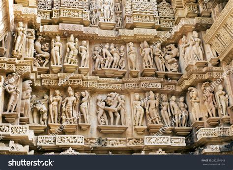 Stone Carved Erotic Sculptures In Hindu Temple In Khajuraho Madhya