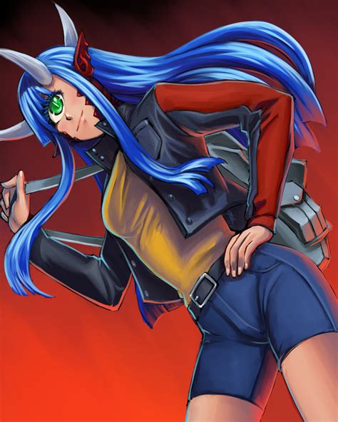 Substance20 Cacodemon Doom Series Commentary Highres 1girl Bag Belt Blue Hair Blue