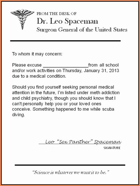 Medical Excuse Note For Work Example Document Template
