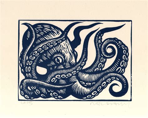 Octopus Linocut Art Print Octopus Wall Art Octopus Linoleum Block