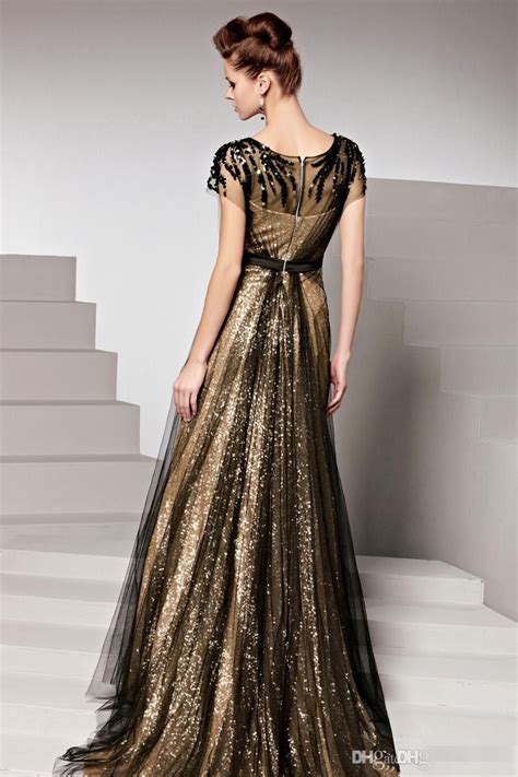 Spring Black And Gold Sequin Plus Size Evening Gowns With Short Sleeves