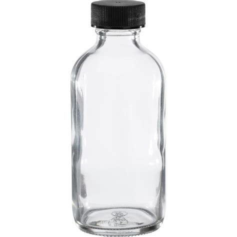 4 oz. Clear Boston Round Glass Bottle w/Black Ribbed F217 Cap, 24mm 24-400