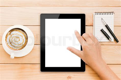 Closeup Hand Using Tablet White Screen Display Stock Image Colourbox