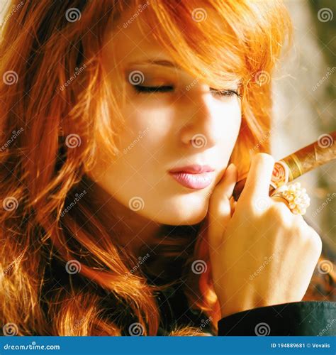 Elegant Smoking Woman Portrait Of A Red Haired Girl With A Cigar Stock Image Image Of Dental