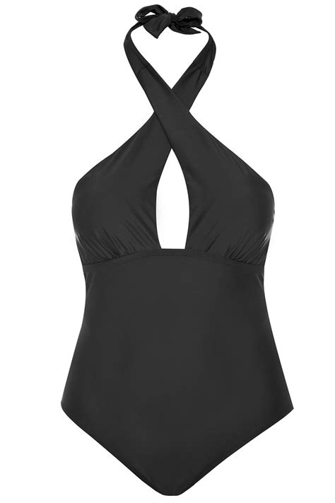 Black Crossover Halter Neck Tummy Control Swimsuit Yours Clothing