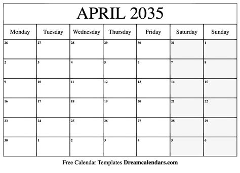 April 2035 Calendar Free Blank Printable With Holidays