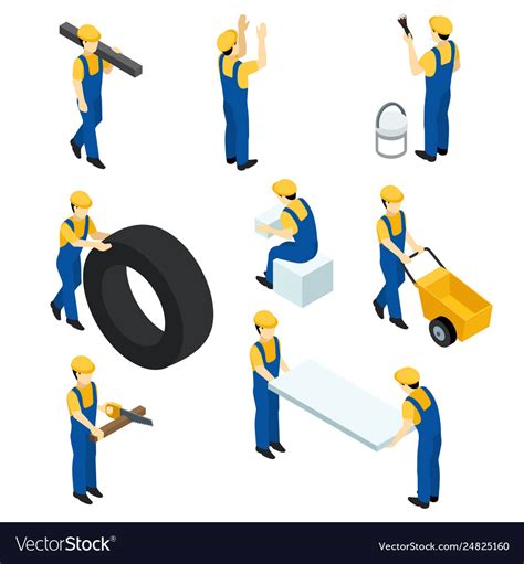 Set Isometric Workers Construction Workers Vector Image