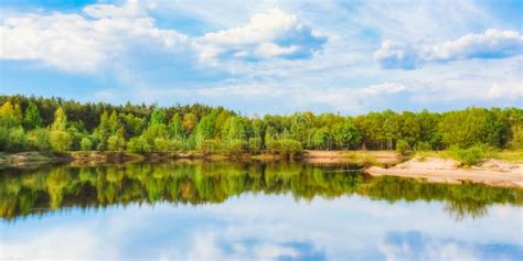 Summer Forest And River Under Blue Sky Stock Photo Image Of Reflect