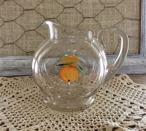Vintage Mid Century Hand Painted Orange Print Glass Pitcher Small Juice Pitcher Clear Glass