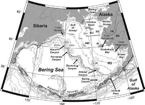 Map Of The Bering Sea Labeled With Place And Feature Names
