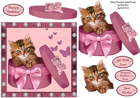 Even if you are not good at crafting, with some simple cutting and pasting, you can still make this unique 3d birthday card to send your blessings for family and friends. Kitty Present Card Front (April 2014) | Cat cards, Kitten ...