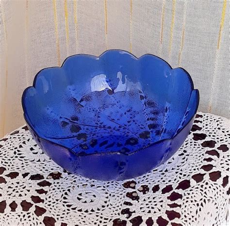 Arcoroc France Large Cobalt Blue Glass Bowl Salad Bowl Etsy