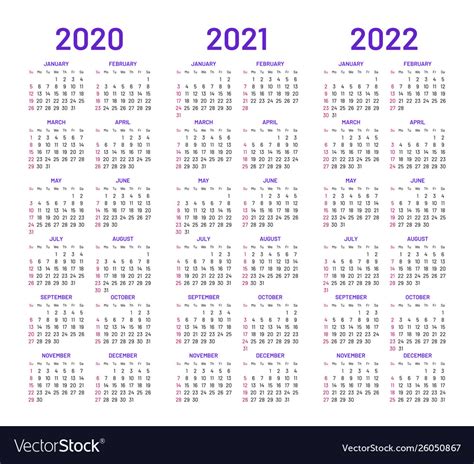 Calendar Layouts For 2020 2021 2022 Years Vector Image