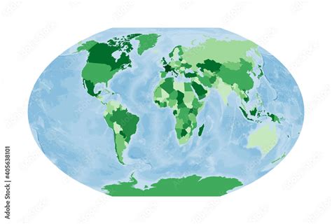 World Map Winkel Tripel Projection World In Green Colors With Blue