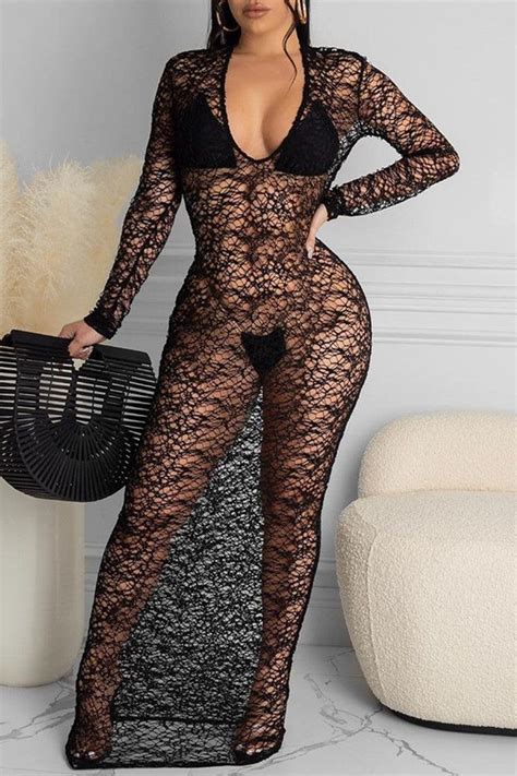 Sexy Solid Hollowed Out See Through V Neck Long Sleeve Dresses Pencil