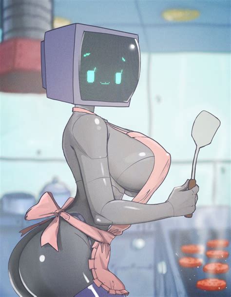 rule 34 1girls 3 apron apron only big ass big breasts breasts busty computer computer monitor