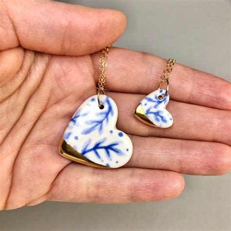 This Listing Is For One Handmade Blue And White Ceramic Gold Dip Heart