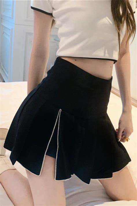 harajuku punk y2k mini skirt ladies high waist rhinestone decoratio black slit skirts women