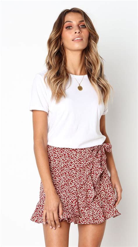 Burgundy Floral Bowknot Tulip Skirt Outfits For Work Wrap Skirt