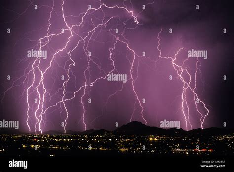 Multiple Lightning Strikes Near Tucson Arizona Stock Photo Alamy