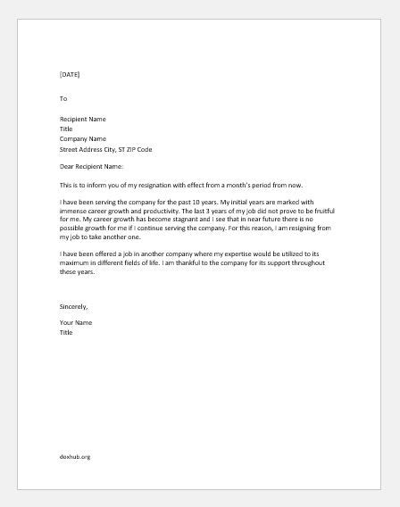 Short Resignation Letter For New Job