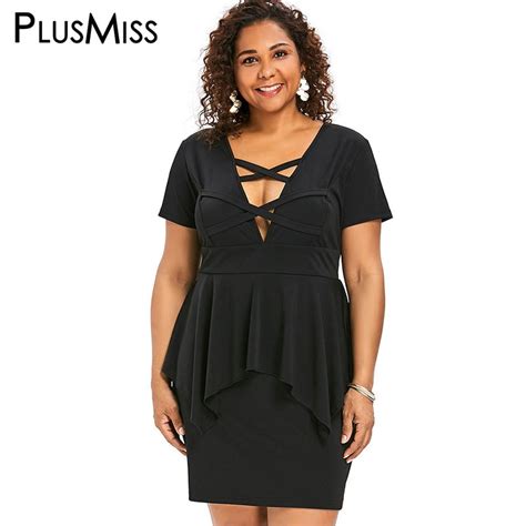 Plusmiss Plus Size 5xl Xxxxl Xxxl 4xl Sexy Lace Up Deep V Neck Peplum Dress Big Size Black