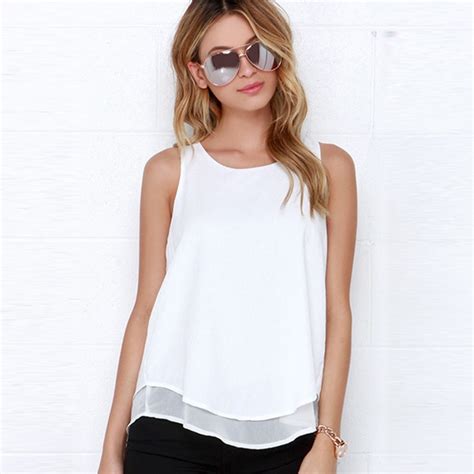 Dioufond Sleeveless Chiffon Shirt White Casual Female Blouses Solid Summer Feminine Blouse