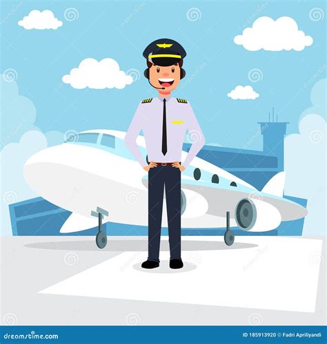 Man Airplane Pilot In Front Of The Plane At The Airport Stock Vector