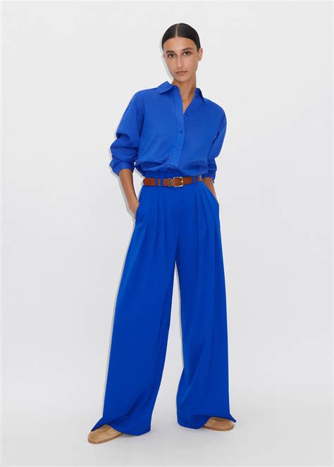 High Waisted Pleated Wide Leg Pant Belt Meem Electric Blue