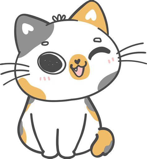 Cute Playful Calico Japanese Bobtail Kitten Cat Cartoon Doodle Hand