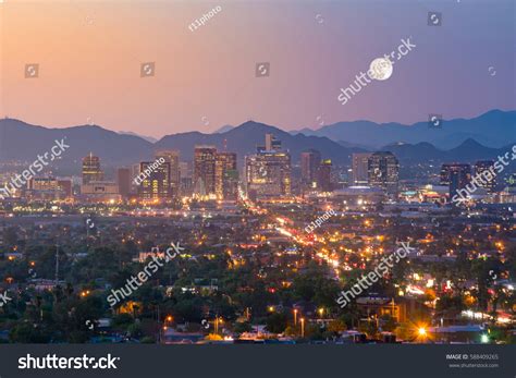 Top View Downtown Phoenix Arizona Sunset Stock Photo 588409265