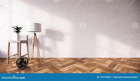 Cleaning Room And Decoration On Loft Room White Brick Wall And Wooden Floor D Rendering Stock