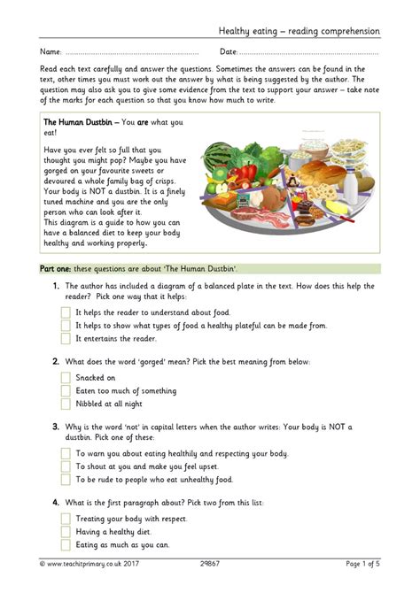 Healthy Eating Reading Comprehension Healthy Eating Reading