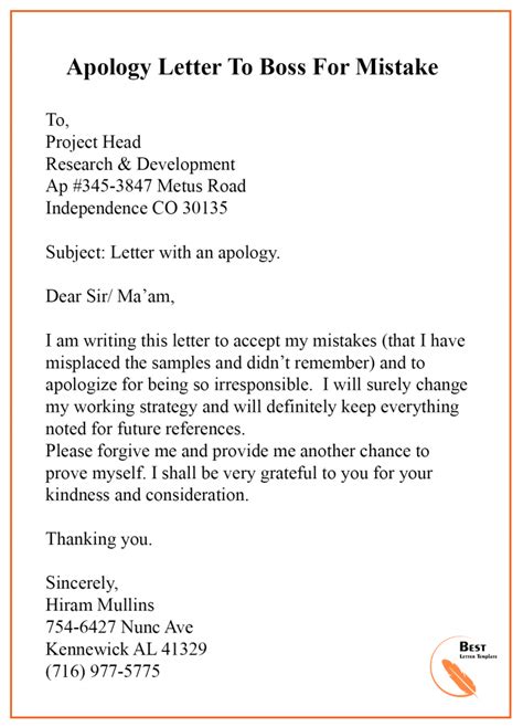 Apology Letter Template To Boss Manager Sample And Examples Best