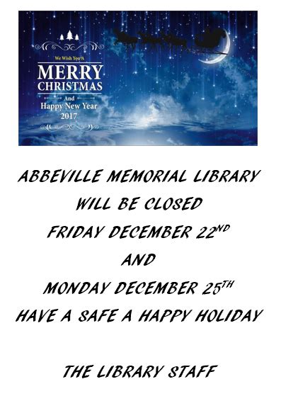 Christmas Holidays 2017 Abbeville Memorial Library