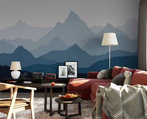 Ombre Mountains Mural Removable Wallpaper Geometry Mountain Etsy Canada