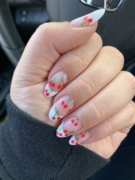 French Tip Cherry Gel Nails Cherry Nails Almond Nails Designs