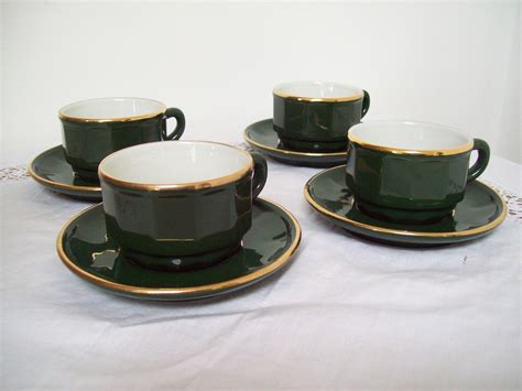 Apilco Green And Gold 4 Bistro Cups And Saucers Coffeetea Good Condition Pottery Porcelain