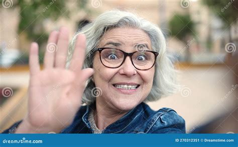 Middle Age Woman With Grey Hair Smiling Confident Having Video Call At Park Stock Image Image