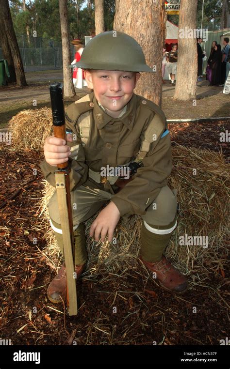 Young Boy Poses As Little Australian Digger Ww1 Dsc 1300 Stock Photo