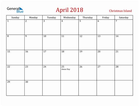 April 2018 Christmas Island Monthly Calendar With Holidays
