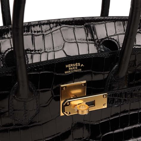 Hermes Birkin 30 Black Shiny Crocodile Porosus Gold Hardware Madison