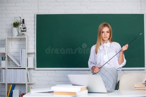 Young Teacher With Pointer Beautiful Student Cute Blonde Young Woman