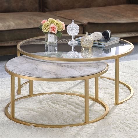 Acme Furniture 81110 Shanish 2 Piece Nesting Table Set Faux Marble Gold